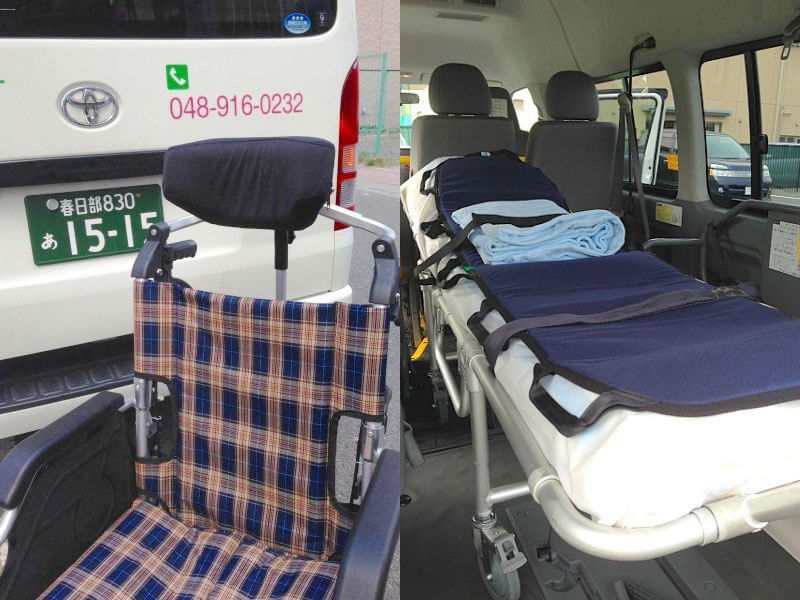 ヘッドレスト付車いすとストレッチャー